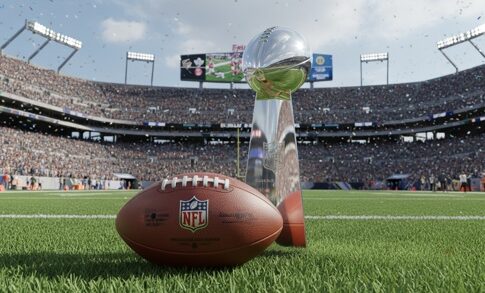 NFL trophy and football on the field in a stadium