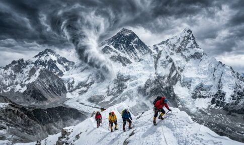 Climbers ascending a snowy mountain under dramatic stormy skies