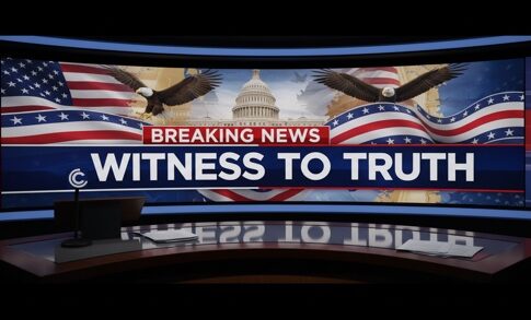 News studio backdrop featuring eagles and the Capitol building with the text 'Witness to Truth'