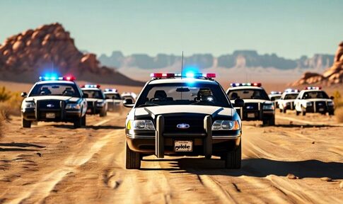 A convoy of police cars driving through a desert area with flashing lights