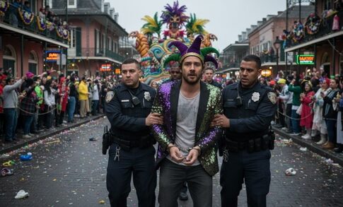 A man in a colorful jacket being escorted by police during a parade