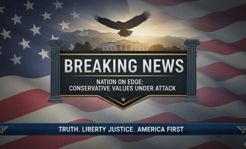 Graphic depicting breaking news with an eagle and American flag background
