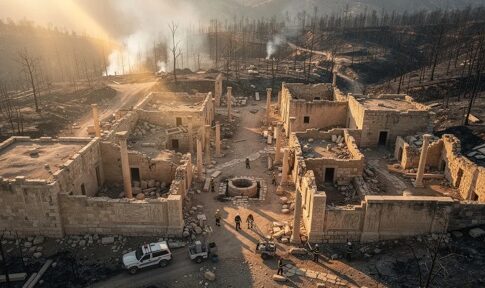 Aerial view of burnt ruins and recovery efforts after a wildfire